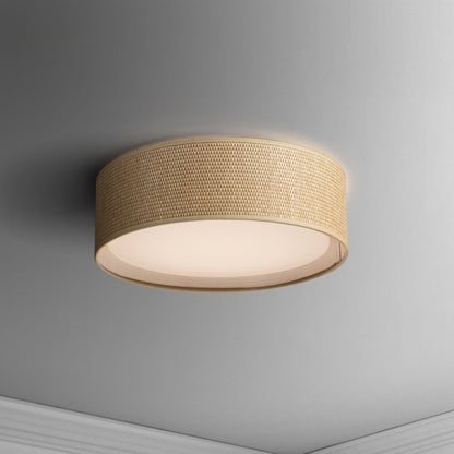 Wide LED Flush Mount Ceiling Light with Grass Cloth Shade